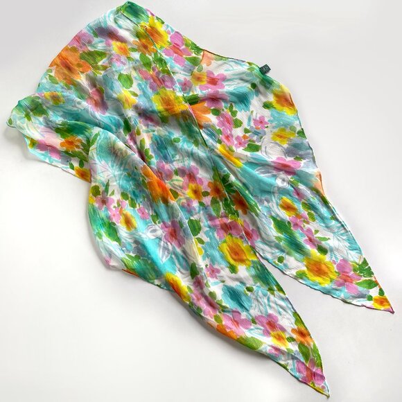 Lauren Ralph Lauren Blue Green Pink Spring Floral 100% Silk Oblong Scarf 66" - Picture 1 of 6
